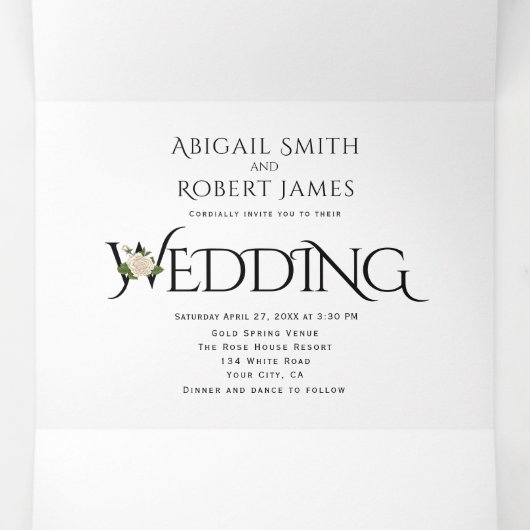 Invitation Trois Volets Initiales et ampersand en noir, blanc, mariage ros (Intérieur au milieu)