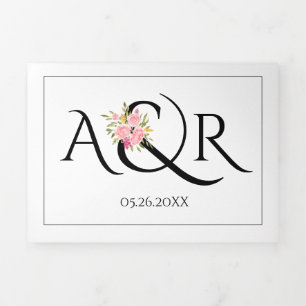 Invitation Trois Volets Initiales noir blanc, mariage roses roses ampersan