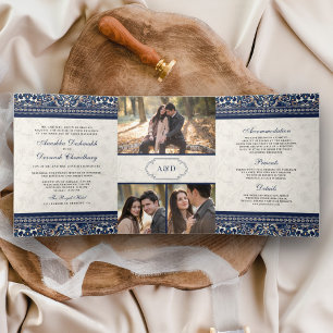 Invitation Trois Volets Ivoire Bleu Marine Bordure Tout en Un Mariage Indi