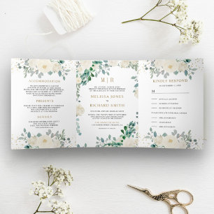 Invitation Trois Volets Ivoire floral sauge feuilles vertes tout en un mar