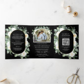 Invitation Trois Volets Ivory Floral Photo Black QR Code Wedding (Intérieur)
