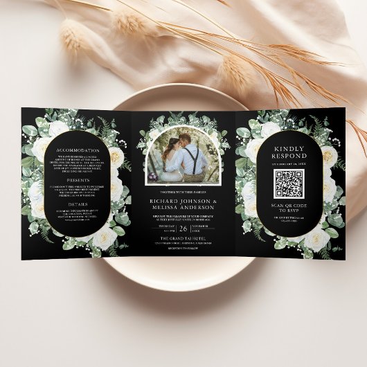 Invitation Trois Volets Ivory Floral Photo Black QR Code Wedding