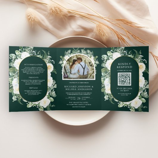 Invitation Trois Volets Ivory Floral Photo Emerald Green QR Code Wedding