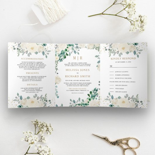 Invitation Trois Volets Ivory Floral Sage Feuilles verts tous en un Mariag
