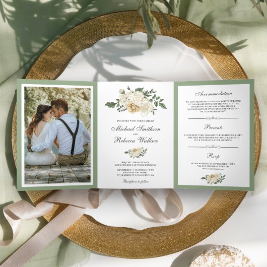 Invitation Trois Volets Ivory Floral Sage Green Feuilles Photo Mariage