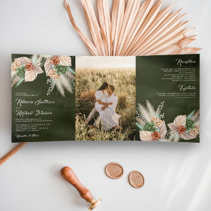 Invitation Trois Volets Ivory Palm Floral Terreux Pampas Sage Vert Mariage