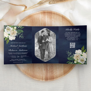 Invitation Trois Volets Ivory Roses Botanique Code QR Photo Mariage Navy