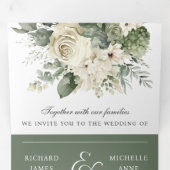 Invitation Trois Volets Ivory Roses Vert Sauge Code QR Mariage (Intérieur en premier)