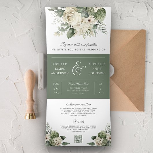 Invitation Trois Volets Ivory Roses Vert Sauge Code QR Mariage