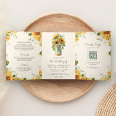 Invitation Trois Volets Ivory Sunflower Mason Jar QR Code Mariage