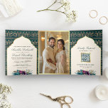 Invitation Trois Volets Ivory Turquoise Peacock Motif Floral Indien Mariag<br><div class="desc">Éblouissez vos invités avec cette élégante invitation tout en un mariage indien avec un arrière - plan motif paon magnifique et de belles fleurs avec code QR pour RSVP en ligne. Ajoutez simplement les détails de votre événement sur ce modèle facile à utiliser et ornez cette carte avec votre photo...</div>