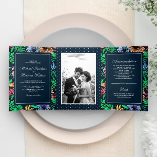 Invitation Trois Volets Jardin Floral Tropical Vibrant Photo de Mariage