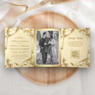 Invitation Trois Volets Jaune Beurre Flourish Tourbillon Photo Code QR Mar