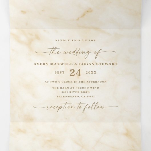 Invitation Trois Volets Jaune élégant avec Mariage en marbre d'huile d'or (Intérieur au milieu)