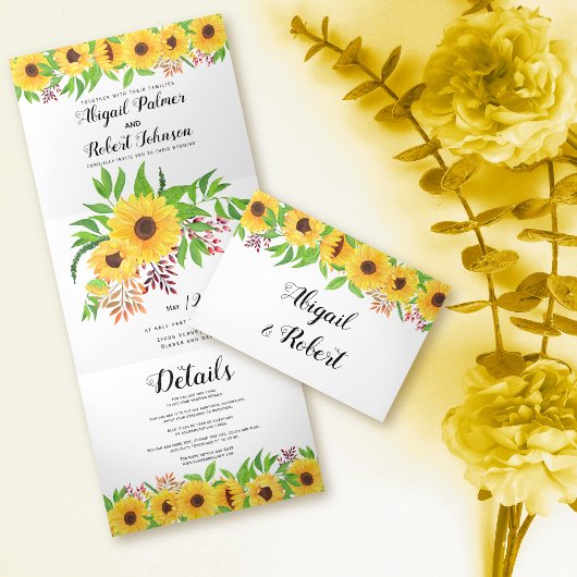 Invitation Trois Volets Jaune tournesol mariage fleuri