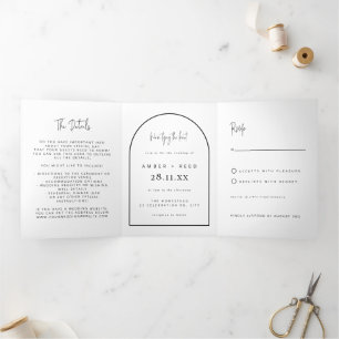 Invitation Trois Volets Jetons d'arc moderne Noir Blanc Mariage Script