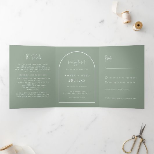 Invitation Trois Volets Jeu de jonction moderne Arch Mariage Sage Vert Dét (Intérieur)