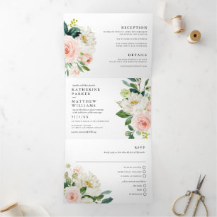 Invitation Trois Volets Joli Mariage tout-en-un en aquarelle