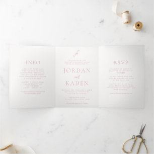 Invitation Trois Volets Jordan Pale Rose Script Monogramme Élégant Mariage