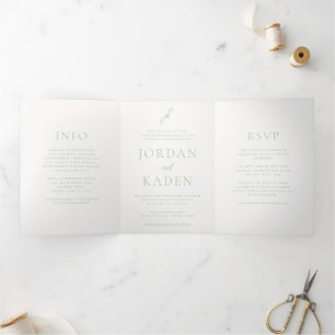 Invitation Trois Volets Jordanie Sage doux Script Monogramme Mariage éléga