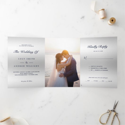 Invitation Trois Volets Joyau bleu romantique Gem Bow QR Code Mariage (Intérieur)