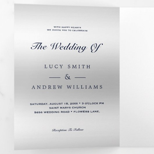 Invitation Trois Volets Joyau bleu romantique Gem Bow QR Code Mariage (Intérieur en premier)