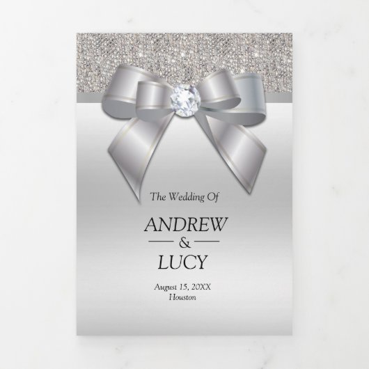 Invitation Trois Volets Joyau d'argent classique Gem Bow QR Code Mariage (Page de couverture)
