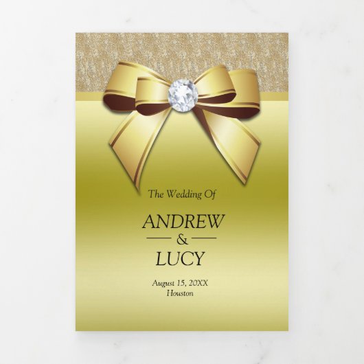 Invitation Trois Volets Joyau d'or classique Gem Bow QR Code Mariage (Page de couverture)