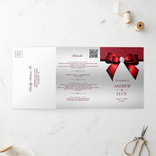 Invitation Trois Volets Joyau rouge romantique Gem Bow Code QR Mariage (Extérieur)