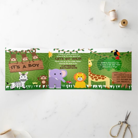 Invitation Trois Volets Jungle Safari Animaux mignons Sauvage Un Baby show (Intérieur)