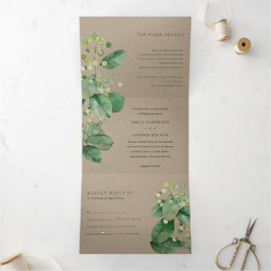 INVITATION TROIS VOLETS KRAFT BERRY LEAFY FOLIAGE MARIAGE VERT