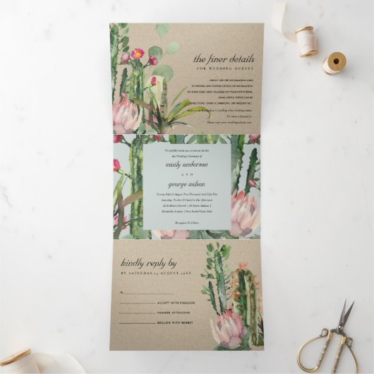 INVITATION TROIS VOLETS KRAFT GRAS CACTI FLORAL FOLIAGE MARIAGE DE COULEUR (Intérieur)
