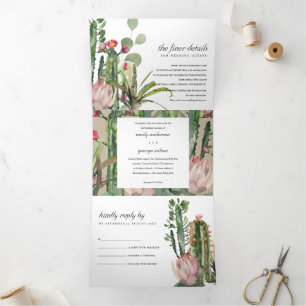INVITATION TROIS VOLETS KRAFT PINK FLORAL CACTI FOLIOR MARIAGE DE COULEUR