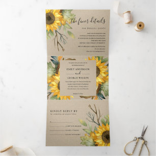 INVITATION TROIS VOLETS KRAFT SUNFLOWER WATERCOLOR FLORAL MARIAGE INVITER