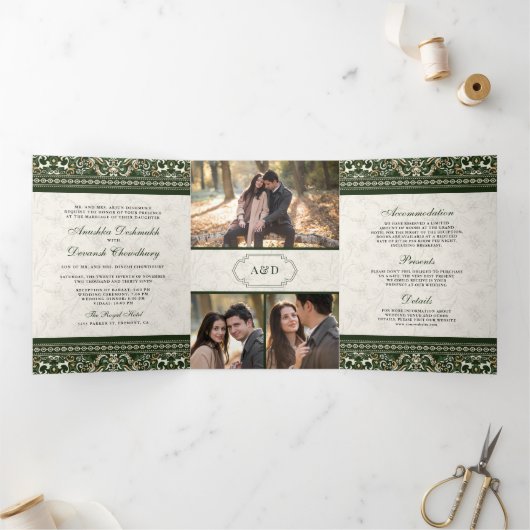 Invitation Trois Volets La frontière verte ivoire en un seul Mariage indie (Intérieur)