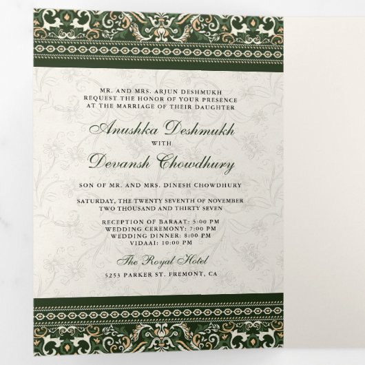 Invitation Trois Volets La frontière verte ivoire en un seul Mariage indie (Intérieur en premier)