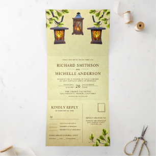 Invitation Trois Volets Lanternes rustiques Vintages en un seul Mariage