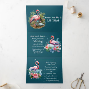Invitation Trois Volets Las Vegas Flamants roses roses