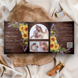 Invitation Trois Volets Lavande de tournesol en bois rustique Code QR Mari