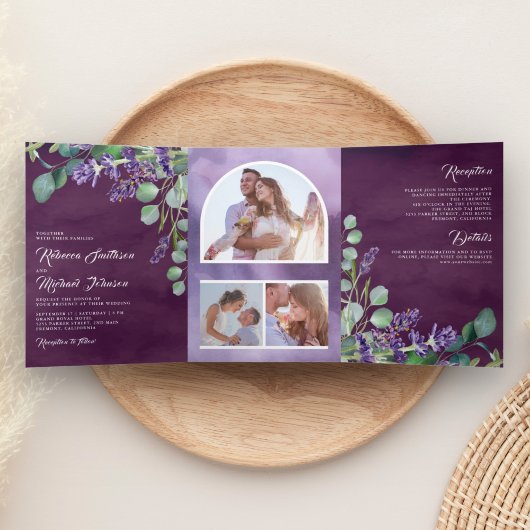 Invitation Trois Volets Lavande et Eucalyptus Mariage violet Arche photo