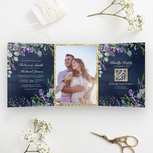 Invitation Trois Volets Lavande et Eucalyptus Marine bleu QR Code Mariage