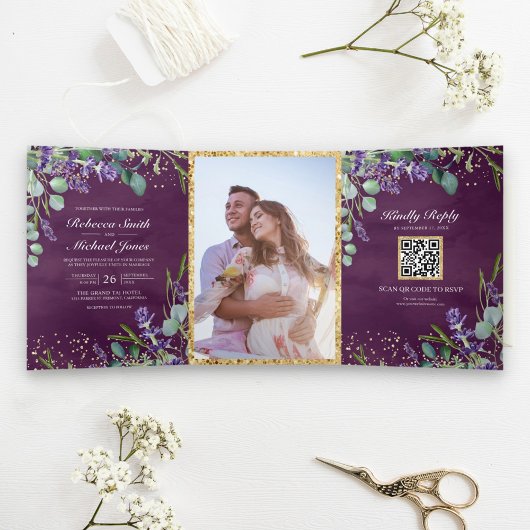 Invitation Trois Volets Lavande et Eucalyptus Purple QR Code Mariage