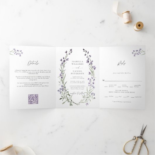 Invitation Trois Volets Lavande rustique Simple Élégant Tout en un Mariage (Intérieur)