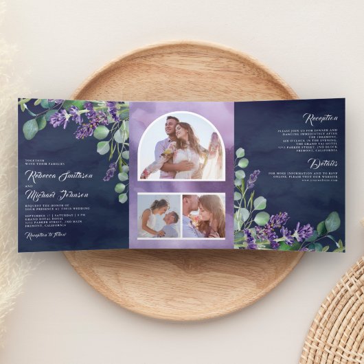 Invitation Trois Volets Lavender Eucalyptus Photo Arche marine Mariage ble