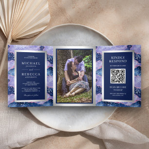 Invitation Trois Volets Lavender Periwinkle Agate Marble QR Code Wedding
