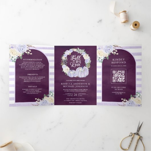 Invitation Trois Volets Lavender Rose Citrouille QR Code Plum Mariage (Intérieur)