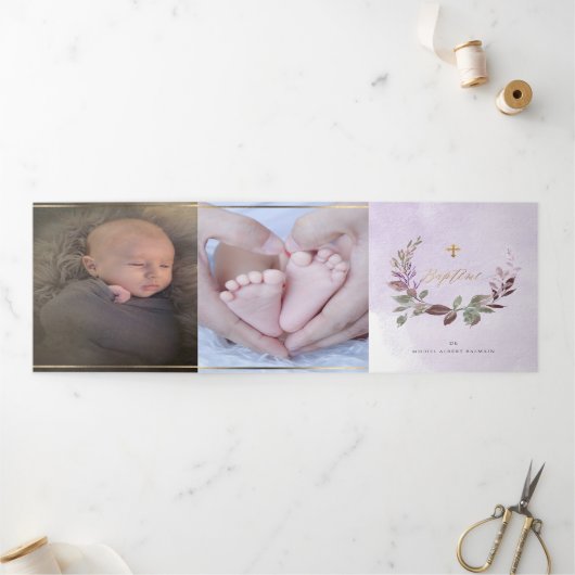 Invitation Trois Volets Lavendre Couronne de Feuillage Aquarelle, Bapteme (Extérieur)