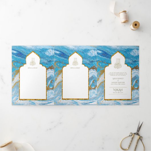 Invitation Trois Volets LeahG Blue Islam Mariage invite Nikah (Extérieur)