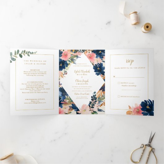 Invitation Trois Volets L'élégance sauvage | Navy Blush & Gold Mariage (Intérieur)