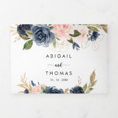 Invitation Trois Volets L'élégant Mariage Floral Gold Blue (Page de couverture)